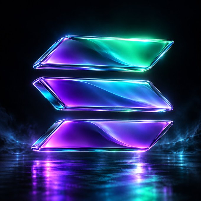 A vibrant 3D graphic displays three stacked parallelogram panels glowing in gradients of green, blue, and purple against a dark, misty background with reflections on a glossy surface.