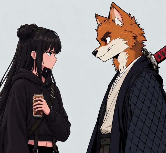 Anime-style illustration of a black-haired woman in a dark hoodie holding a coffee cup, facing an anthropomorphic fox character wearing traditional robes and carrying a sword on his back.