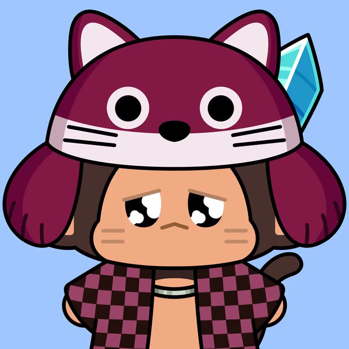 A digital illustration of a sad-looking cartoon character wearing a purple cat-eared hood with a blue crystal and a checkered jacket.