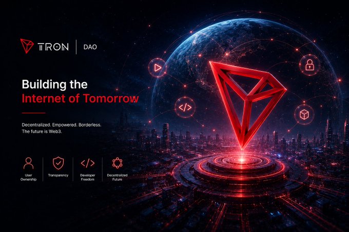 A promotional graphic for "TRON DAO" featuring a red 3D logo over a futuristic cityscape with text "Building the Internet of Tomorrow" and "The future is Web3".