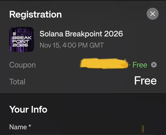 A registration form for 'Solana Breakpoint 2026' on Nov 15 at 4:00 PM GMT, showing a 'Coupon' applied for 'Free' registration, with the coupon code obscured in yellow.