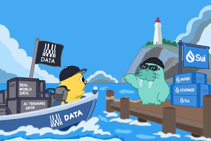 An illustrated scene shows a yellow character in a boat labeled 'DATA' with crates of 'REAL WORLD DATA' and 'AI TRAINING DATA' approaching a green seal-like character wearing sunglasses on a dock with 'Sui' branded crates for 'INFRA' and 'STORAGE'.