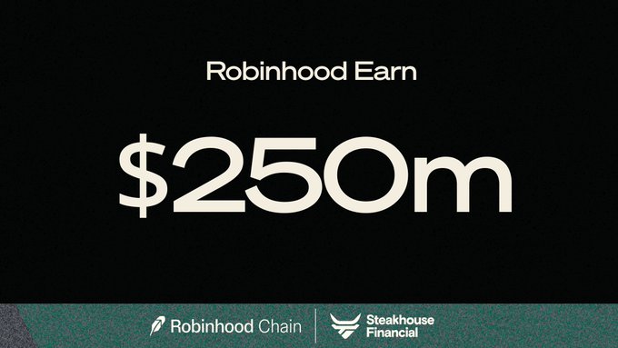A black promotional graphic with white text reading 'Robinhood Earn $250m' featuring the Robinhood Chain and Steakhouse Financial logos at the bottom.