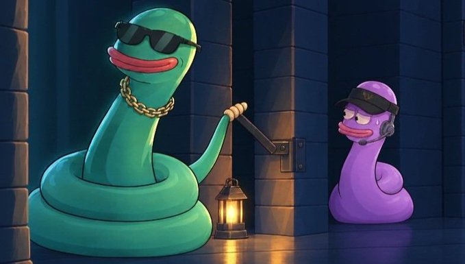 A cartoon illustration of a green snake wearing sunglasses and a gold chain holding a crowbar next to a smaller purple snake wearing a cap in a dark alley with a lantern.