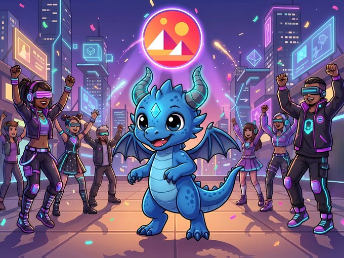 The image features a cartoon illustration of a blue dragon with horns, surrounded by a group of people dancing and celebrating. The scene takes place in front of a neon-lit cityscape, creating an exciting atmosphere for the party. The caption above the image reads "I like dragons. You like dragons. We all like dragons...I mean who doesn't?! And while young, DRAGO is going to take us inside one of the greatest Web3 metaverses in @decentraland where the imaginative...becomes reality! It'S party time!!! #decentraland #mana". The image and caption are related as they both revolve around the theme of a dragon-themed party.