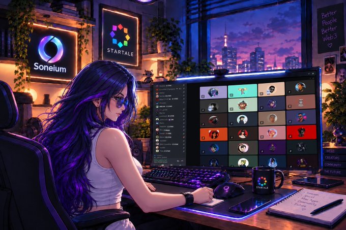 An anime-style illustration of a girl with long purple hair sitting at a gaming setup, with monitors displaying Discord and other applications, alongside neon signs for 'Soneium' and 'Startale'.
