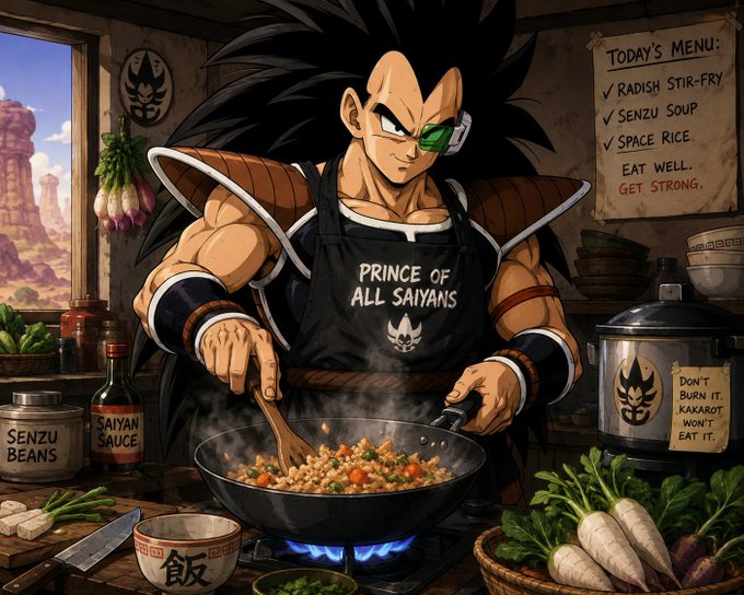 An anime-style illustration of a muscular character with spiky black hair and a green scouter cooking at a wok, wearing a black apron that reads 'PRINCE OF ALL SAIYANS'. A nearby menu lists 'RADISH STIR-FRY', 'SENZU SOUP', and 'SPACE RICE' with the message 'EAT WELL. GET STRONG.'