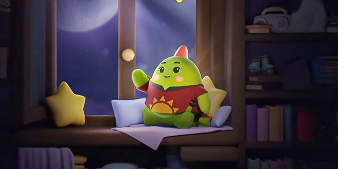 A cheerful green cartoon creature with a red star shirt waves from a cozy window seat under a starry night sky, flanked by star-shaped pillows. The whimsical scene evokes the dreamy, sleep-themed branding of Sleepagotchi as the post discusses its evolution into Gotchi Labs with multiple AI verticals.