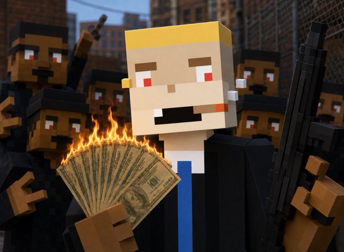A Minecraft-style 3D rendered image showing a blocky blonde-haired character in a suit holding burning hundred dollar bills, surrounded by other blocky characters in a city setting.