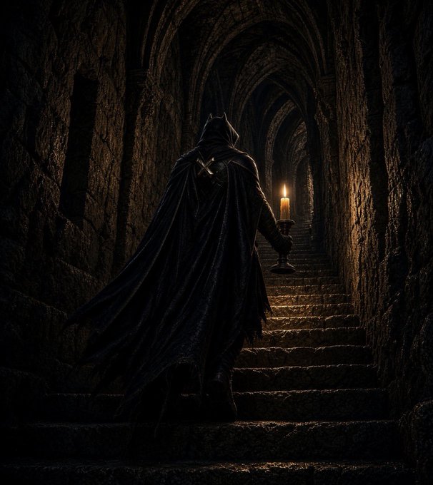 A hooded figure in a dark cloak ascends a stone staircase in a dimly lit, vaulted corridor, holding a single lit candle that casts a warm glow on the ancient walls. The image evokes a sense of solitude and perseverance, mirroring the post's reflection on enduring each long day and finding rest in the night.