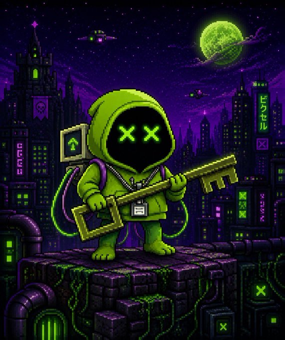 A pixel-art green-hooded figure with glowing "X X" eyes holds a large golden key against a neon purple cityscape with a Saturn-like planet, fitting the post's "key" giveaway theme for the @CityOfStonks collaboration, where Japanese-style neon signs read "ビルヲセル" (Building for Sale) and "X".