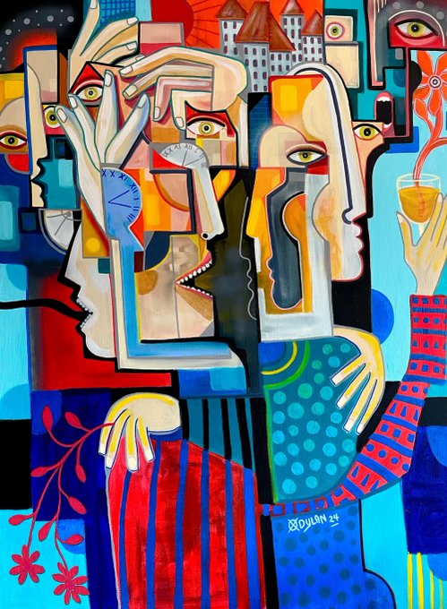 A vibrant cubist-style painting signed 'Dylan 24' featuring abstract human figures, multiple eyes, geometric shapes, and a hand holding a yellow drink, rendered in bold blues, reds, and oranges.