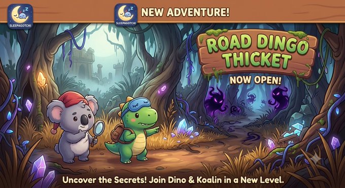 Promotional graphic for a mobile game titled 'ROAD DINGO THICKET - NOW OPEN!' featuring cartoon characters Dino and Koala, with text 'NEW ADVENTURE!' and 'Uncover the Secrets! Join Dino & Koaln in a New Level.'