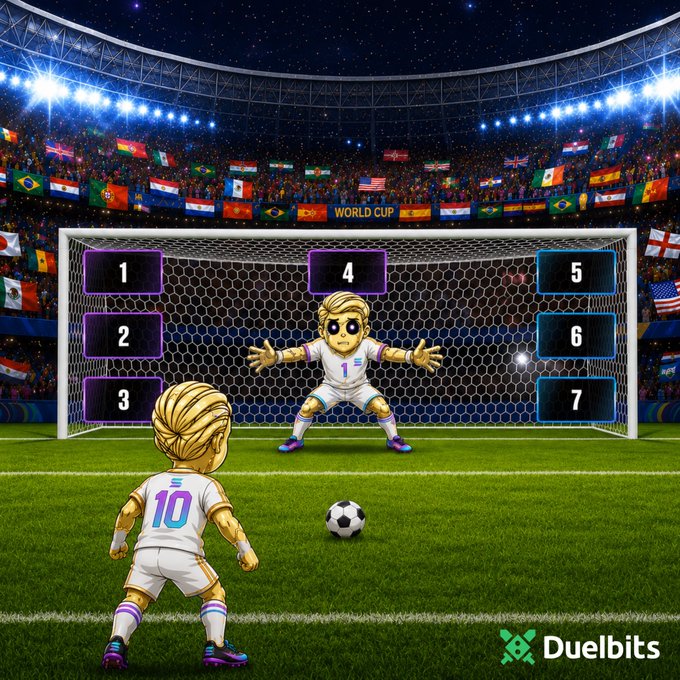 A penalty shootout-style illustration shows a player (#10) facing a goalkeeper (#1) in a World Cup stadium, with seven numbered target zones (1-7) overlaid on the goal net for users to pick from, branded with the "Duelbits" logo and linked to duel.bz/Zeus.