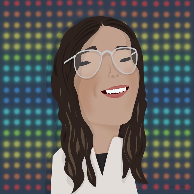 A digital cartoon illustration of a smiling woman with long dark hair and white glasses, set against a colorful dotted background.