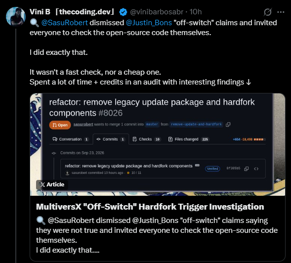 A tweet from Vini B (@vinibarbosabr) discussing a MultiversX "off-switch" hardfork investigation, showing a GitHub pull request titled "refactor: remove legacy update package and hardfork components #8026" by saurusbtct, referencing his audit findings to refute claims made by @Justin_Bons. The accompanying post calls on validators to debunk the statements from both Vini B and Justin Bons regarding the hardfork trigger.