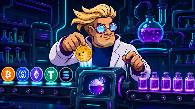The image features a man wearing glasses, goggles, and a lab coat who appears to be a scientist or engineer working with various machines and equipment. He is holding a coin above one of the machines that has a "Fee Abstraction" symbol on it. The text in the image suggests that there are different types of tokens available for use within the game, which can be used as payment methods for transactions within the game world.