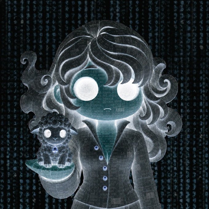 A stylized digital artwork depicts a glowing-eyed, ghost-like female figure holding a small sheep, set against a backdrop of cascading blue code and numbers, reflecting the NFT's 4,444 supply and the "little sheep" mentioned in the post.