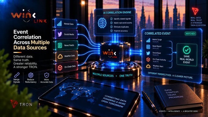 A digital infographic for 'TRON' and 'WIN<LINK' titled 'Event Correlation Across Multiple Data Sources,' featuring an 'AI CORRELATION ENGINE' connecting to 'Market Surge', 'Mini Report', 'Social Buzz', 'On-Chain Activity', and 'Weather Alert'.