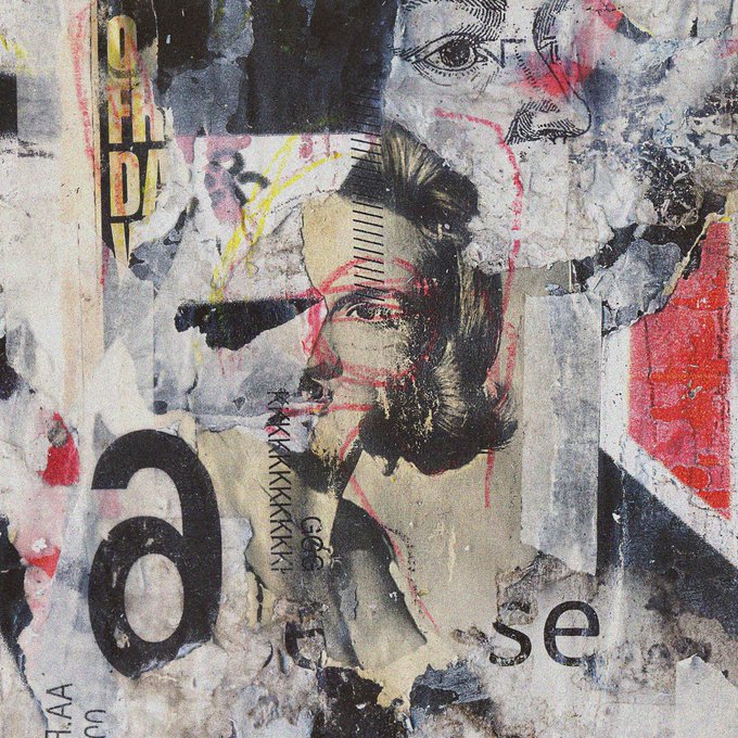 A weathered, mixed-media collage artwork featuring torn posters, graffiti elements, an eye illustration, and large numbers/text fragments including '6' and 'se'.