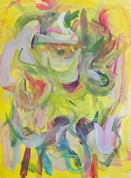 An abstract painting featuring expressive brushstrokes in pink, green, blue, and yellow against a bright yellow background.