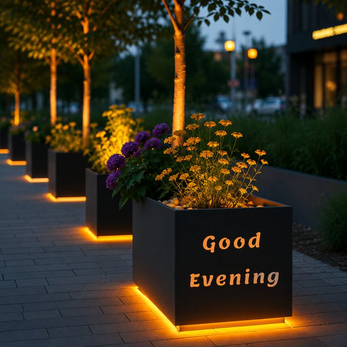 A row of black rectangular planters with glowing orange LED lights at the base, filled with purple and yellow flowers, with the text 'Good Evening' on the front planter.