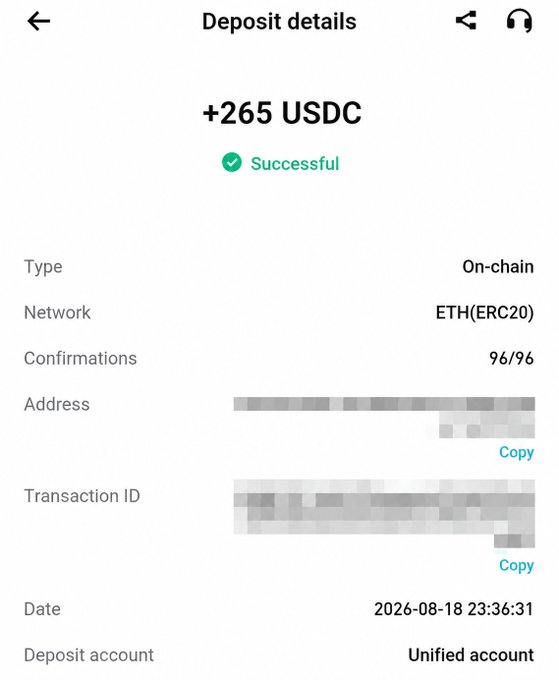 A screenshot showing a successful crypto deposit of +265 USDC via the Ethereum (ERC20) network, completed on 2026-08-18 at 23:36:31 with 96/96 confirmations—illustrating the poster's lighthearted take on earning money effortlessly through Web3.
