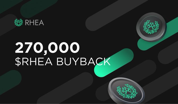 A promotional graphic announcing '270,000 $RHEA BUYBACK' with the Rhea cryptocurrency logo featuring a laurel wreath design.