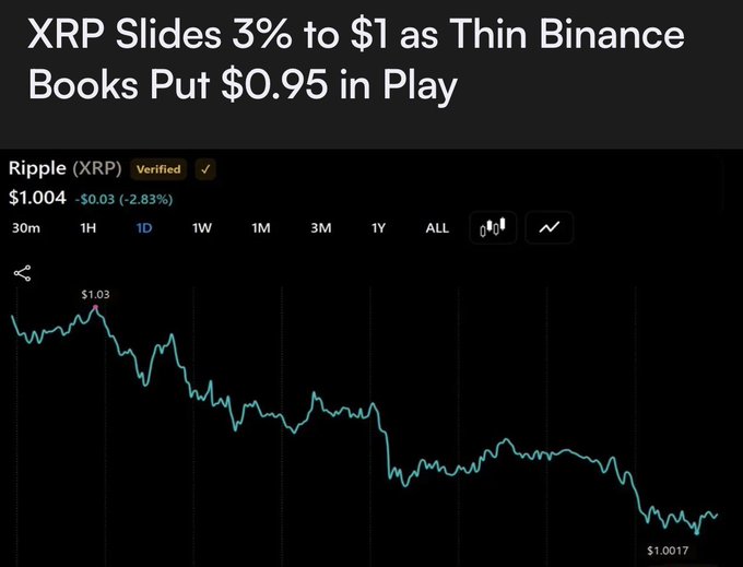 A price chart shows Ripple (XRP) declining 2.83% to $1.004 from a daily high of $1.03, trading near $1.0017 at the time of capture. The chart visually reinforces the post's concern about XRP sliding toward $1 and potentially using $0.95 as a launchpad for further movement.