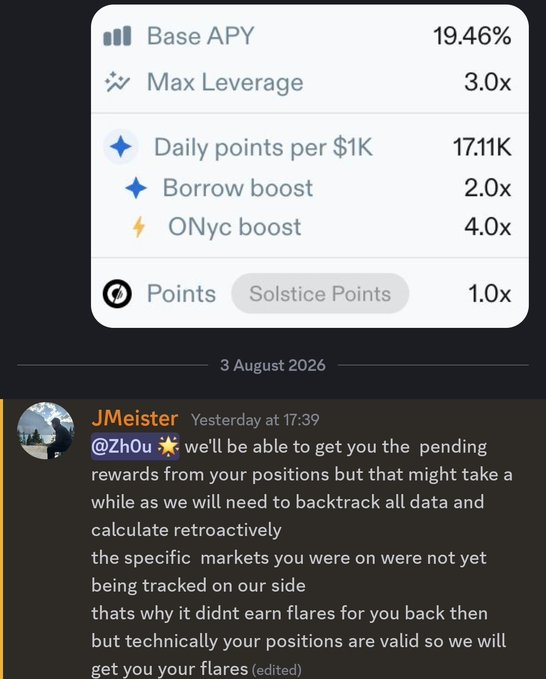 The image shows a financial dashboard with details including a Base APY of 19.46%, Max Leverage of 3.0x, Daily points per $1K of 17.11K, Borrow boost of 2.0x, ONyc boost of 4.0x, and Solstice Points at 1.0x, dated 3 August 2026, followed by a Discord message from JMeister confirming pending rewards will be issued for tracked positions. This relates to the post by highlighting the multi-point earning structure (Loopscale, OnRe, and Solstice Flares) from ONyc/USX positions on Loopscale, with the support message confirming that even previously untracked positions are now being retroactively credited with Flares.