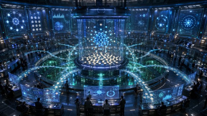 The image depicts a futuristic command center filled with towering holographic displays showing data visualizations, molecular structures, and network schematics in blue and teal hues, where silhouetted figures at central terminals analyze streams of digital information. This high-tech visualization of decentralized decision-making reflects the governance theme of the post—illustrating how blockchain communities are evolving through on-chain treasury votes, as seen in the Cardano Foundation's recent reversal of its summit funding proposal after the community rejected it.