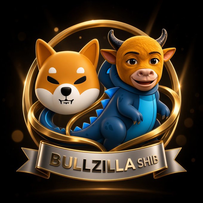 A digital logo featuring a Shiba Inu dog merged with a blue dragon-like creature, surrounded by a golden ring and labeled 'BULLZILLA SHIB' on a banner.