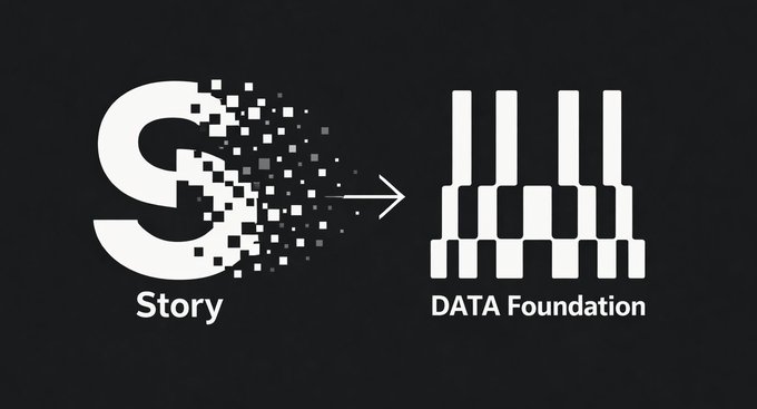 The image shows a stylized graphic where the word "Story" (represented by a large letter "S") appears to be dissolving or transitioning into pixelated particles, with an arrow pointing toward an icon labeled "DATA Foundation," symbolizing the evolution from Story to the DATA Foundation as part of a broader AI vision.
