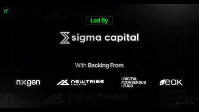 A black screen displaying 'Led By sigma capital' with backing from 'nxgen', 'NEW TRIBE CAPITAL', 'DIGITAL CONSENSUS FUND', and 'peak'.