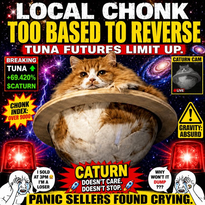 A chaotic, meme-style graphic featuring a very fat orange and white cat with a planet's ring around it, overlaid with sensational text like 'LOCAL CHONK TOO BASED TO REVERSE,' 'TUNA FUTURES LIMIT UP,' and 'CATURN' with '+69.420%' gains.