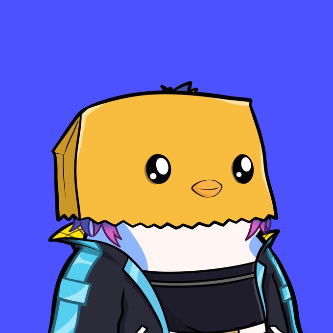 A cartoon illustration of a cute, box-shaped yellow chick character wearing a black shirt and a dark jacket with blue accents against a blue background.