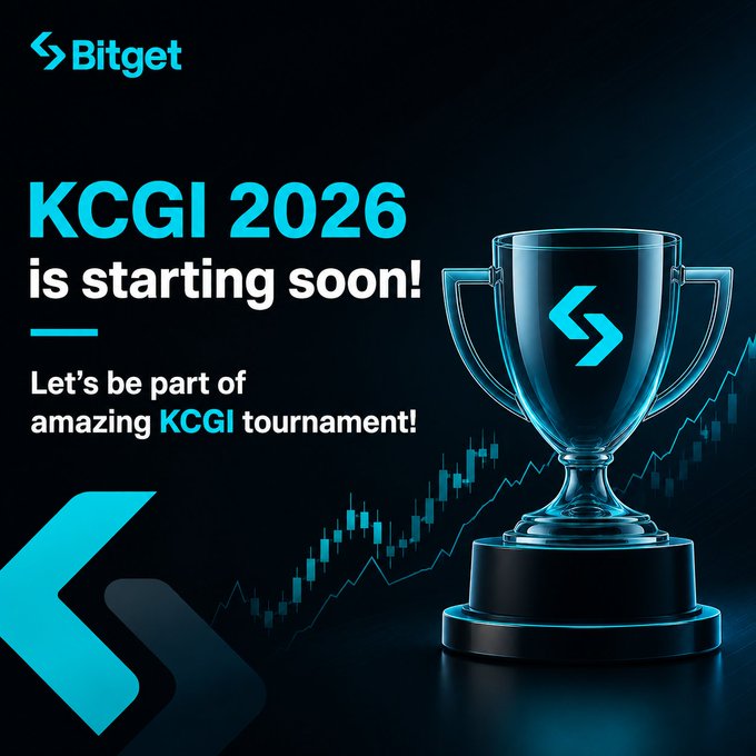 A Bitget promotional banner announcing 'KCGI 2026 is starting soon!' featuring a glowing blue trophy with the Bitget logo and a candlestick chart background.