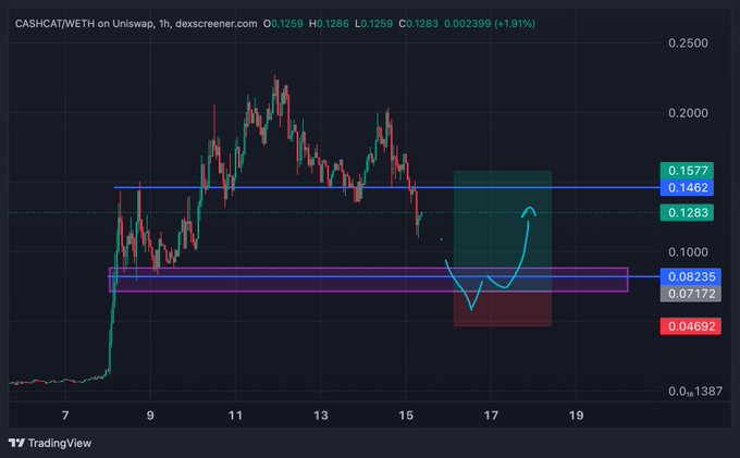 A TradingView candlestick chart for CASHCAT/WETH on Uniswap showing price action with technical analysis annotations and support/resistance levels.