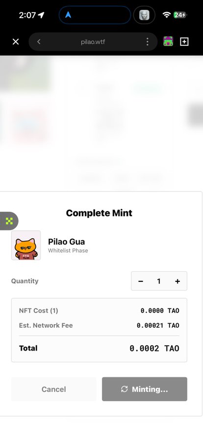 The image features a cell phone screen with an app called Minting displayed. The app allows users to mine Bitcoins using their mobile device, as indicated by the text "Complete Mint" at the top of the screen. The user has already paid for mining services and is now waiting for the minted Bitcoins to be sent to their wallet. The image also includes a link to a post on social media where Max Minted my allo @Pilaogua Very simple and clean now You can use OKX mobile Refresh the page No vpn Scroll down Click mint Confirm in wallet Wait for “minting” to show "max reached" (even if it shows loading, it's minted Done!! Go to evm.taostats.io to check". Focus on what is in the image and how it relates to the post.