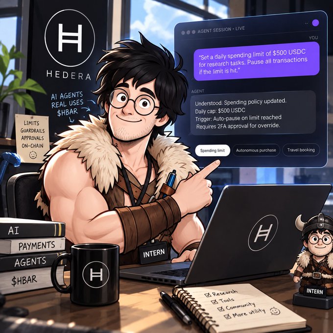 A cartoon-style illustration of a muscular young man with glasses and a fur-lined vest at a desk with a 'HEDERA' branded laptop, displaying an 'AGENT SESSION - LIVE' chat about setting a $500 USDC spending limit, alongside books labeled 'AI PAYMENTS AGENTS $HBAR.'