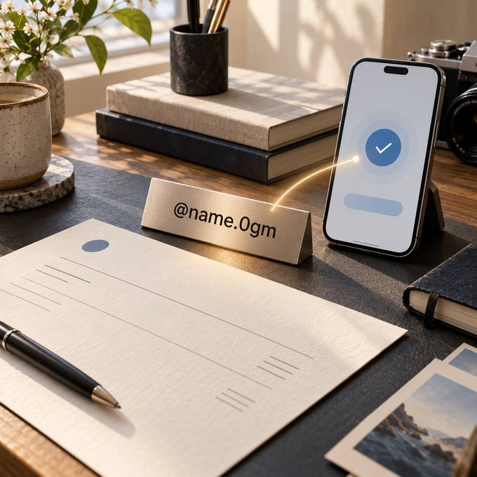 A desk setup with a notepad, pen, books, and a smartphone displaying a checkmark, connected by a glowing line to a nameplate that reads '@name.0gm'.