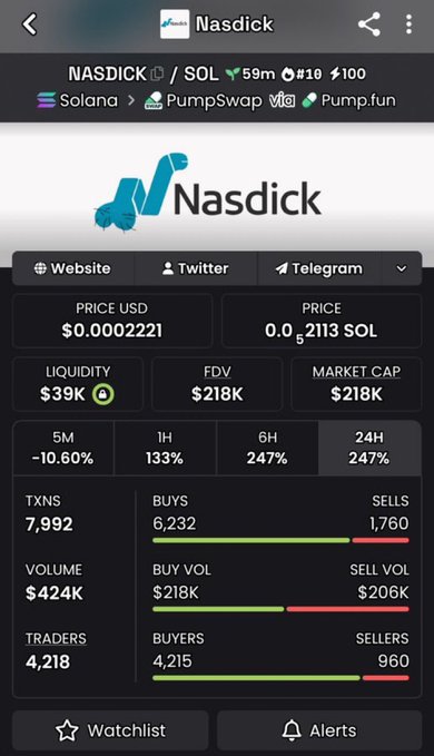 A cryptocurrency token page for "Nasdick" on Solana via PumpSwap/Pump.fun, priced at $0.0002221 USD with $39K liquidity, $218K market cap, and showing massive 247% gains over 6H and 24H with 7,992 transactions.