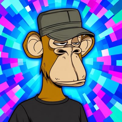 A digital illustration of a Bored Ape-style cartoon monkey wearing a black cap and shirt against a vibrant, colorful pixelated background.