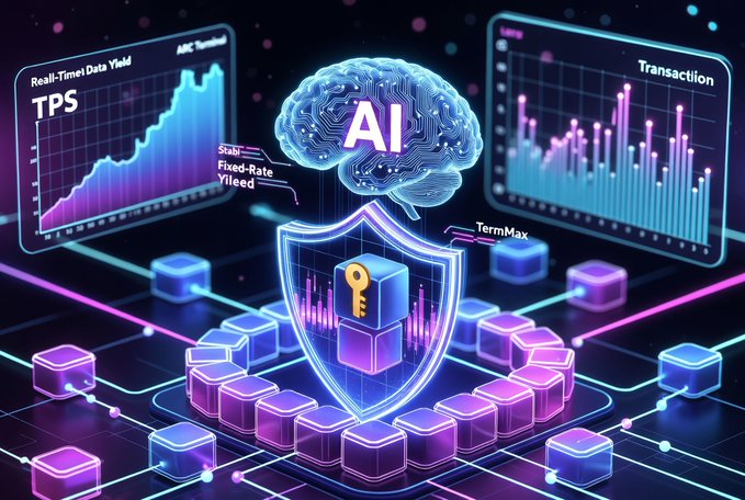 A neon-styled digital graphic featuring an 'AI' brain above a glowing padlock shield, surrounded by data blocks and charts labeled 'Real-Time Data Yield TPS,' 'Stabl Fixed-Rate Ylleed,' 'Transaction,' and 'TermMax'.