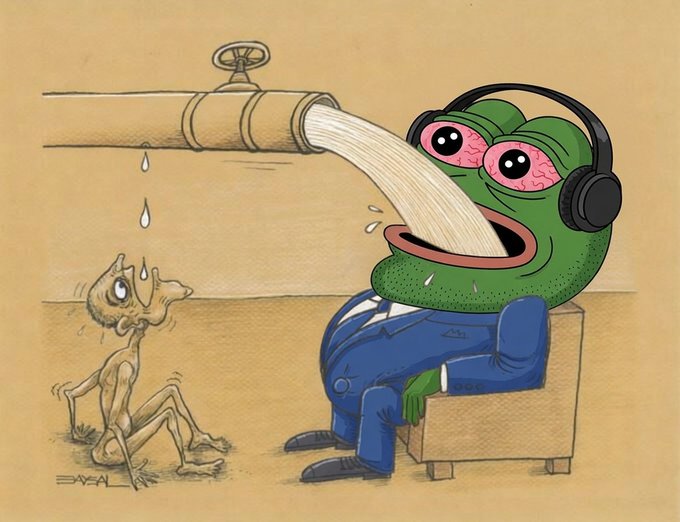 A cartoon depicting a gaunt, starving person sitting beside a bloated green frog-like character in a suit with headphones, who is drinking water from a large pipe.