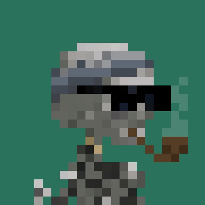 A heavily pixelated 8-bit style image shows a gray character wearing a helmet against a dark green background, holding a brown object.