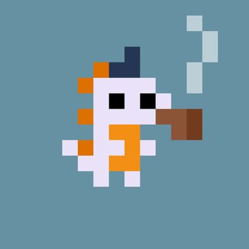 Pixel art illustration of a white unicorn or horse with an orange mane, small black top hat, and brown muzzle, shown against a gray-blue background with white exclamation marks.