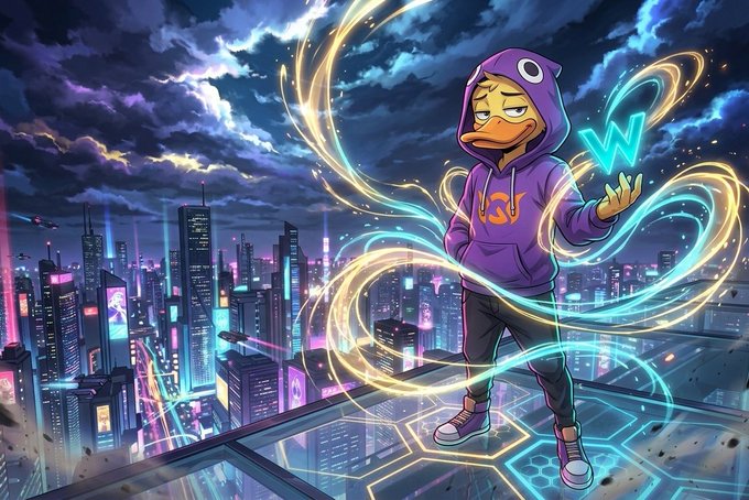 The image features a cartoon character standing on top of a building with a city skyline in the background. The character has a purple hoodie and is holding a blue object, possibly a wand or a shield. The scene takes place at night, adding an element of mystery and intrigue to the overall composition.