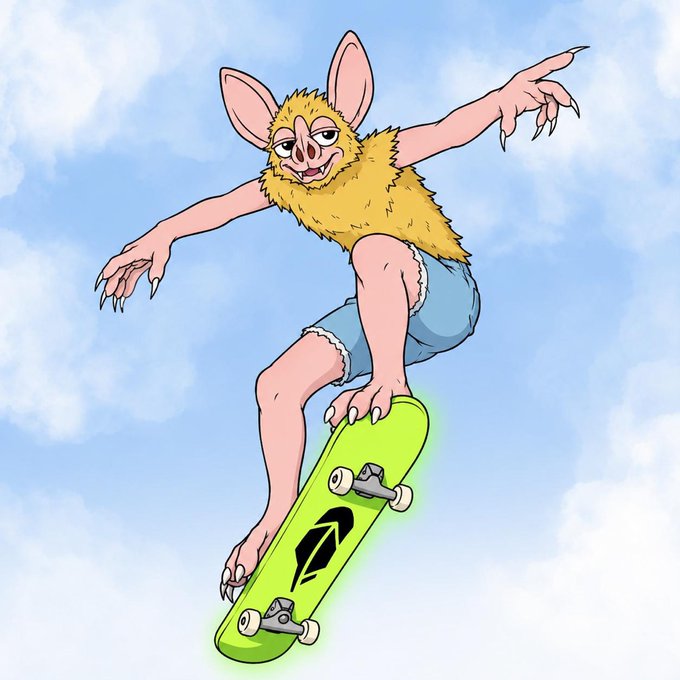 A cartoon illustration of a yellow furry creature with large bat-like ears, sharp claws, and blue shorts riding a green skateboard with a leaf symbol on it against a cloudy blue sky background.