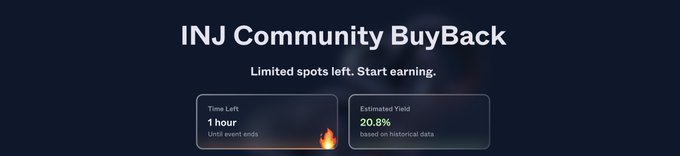 A promotional banner for the "INJ Community BuyBack" displays a countdown showing "1 hour" remaining until the event ends, alongside an estimated yield of "20.8%". The image directly supports the post's urgency by visually reinforcing the final hour of this month's $INJ community buyback event.